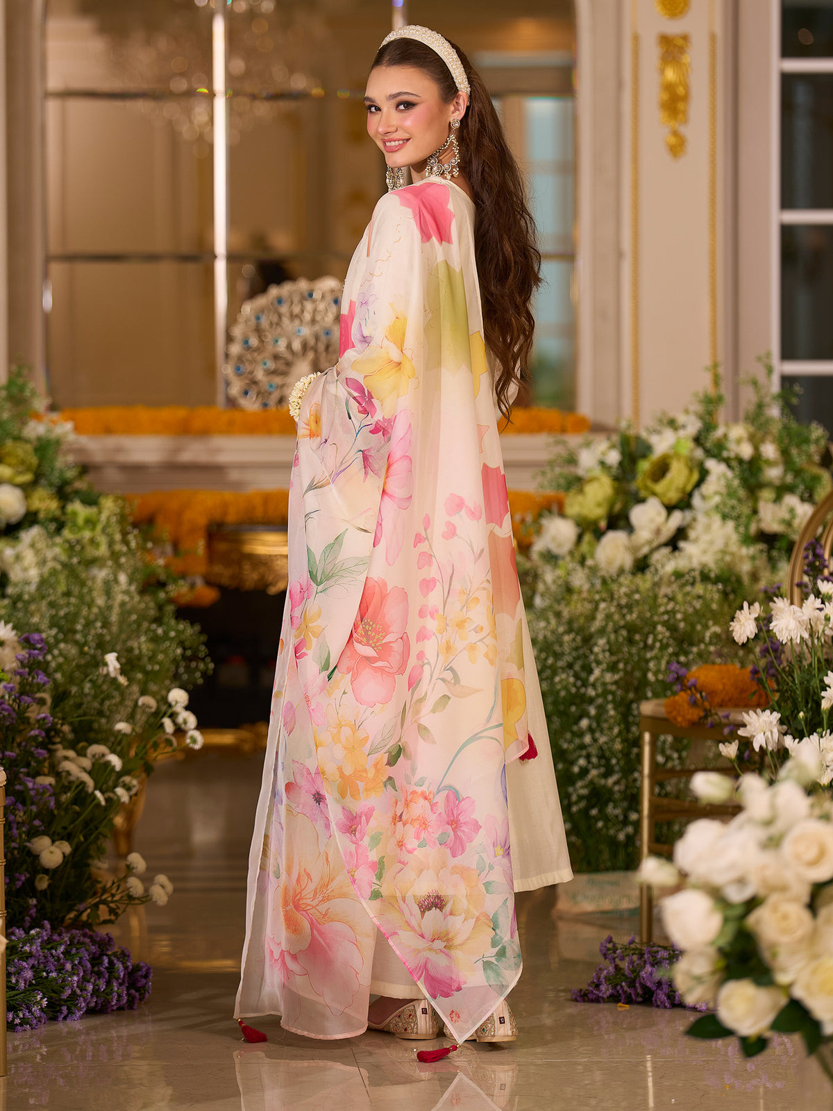 White Embroidered A-Line Kurta Trousers With Dupatta Set
