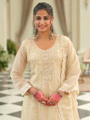 Beige Embroidered Straight Kurta Trousers With Dupatta Set