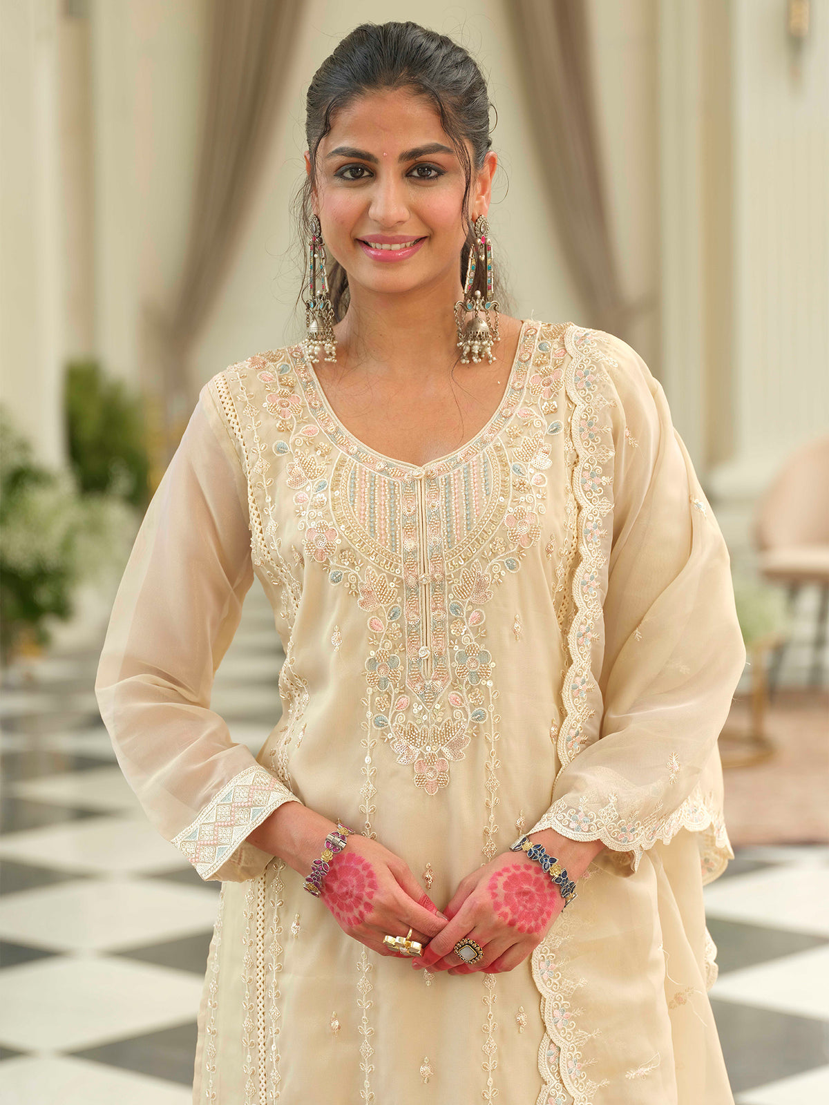 Beige Embroidered Straight Kurta Trousers With Dupatta Set