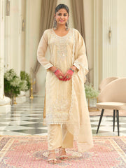 Beige Embroidered Straight Kurta Trousers With Dupatta Set