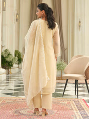 Beige Embroidered Straight Kurta Trousers With Dupatta Set