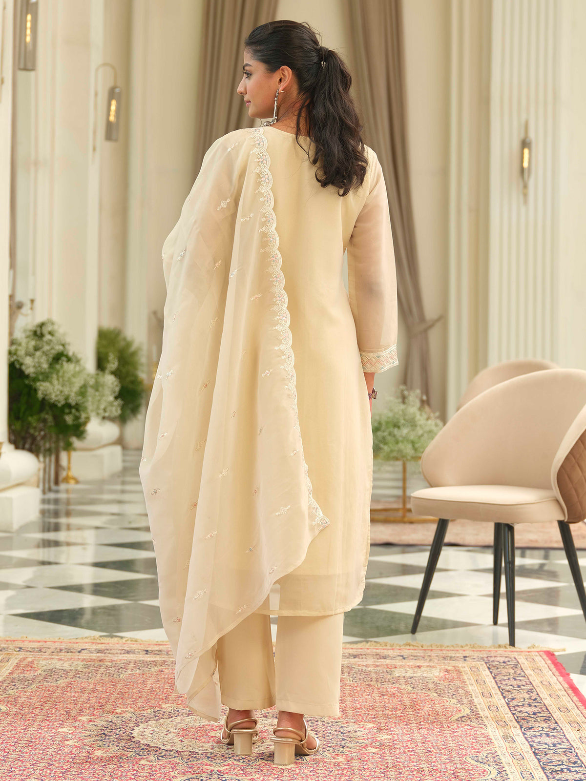 Beige Embroidered Straight Kurta Trousers With Dupatta Set
