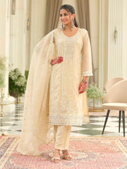 Beige Embroidered Straight Kurta Trousers With Dupatta Set
