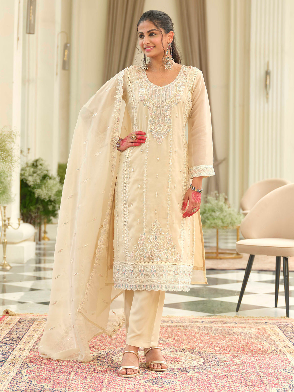 Beige Embroidered Straight Kurta Trousers With Dupatta Set