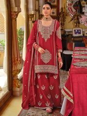 Red Embroidered Straight Kurta Palazzos With Dupatta Set