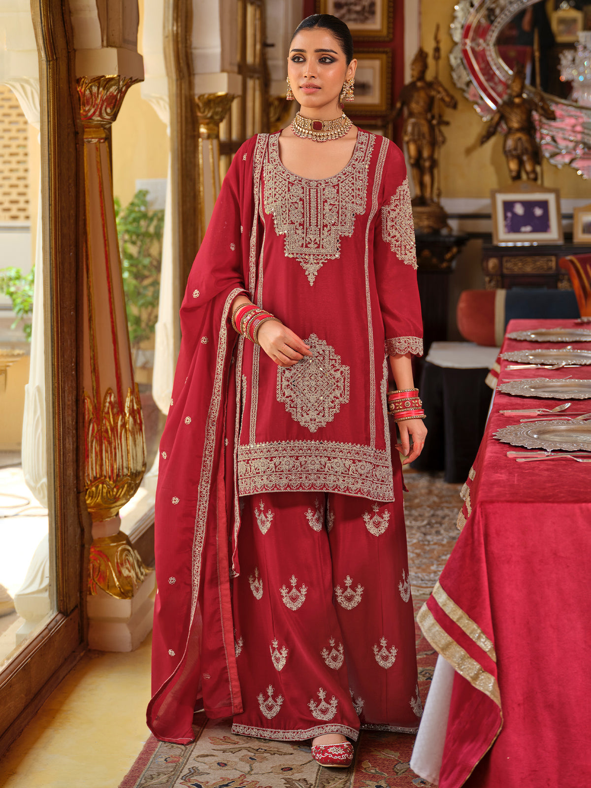 Red Embroidered Straight Kurta Palazzos With Dupatta Set