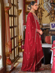 Red Embroidered Straight Kurta Palazzos With Dupatta Set