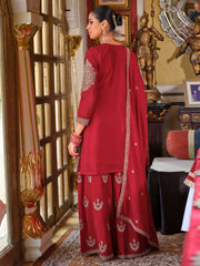 Red Embroidered Straight Kurta Palazzos With Dupatta Set