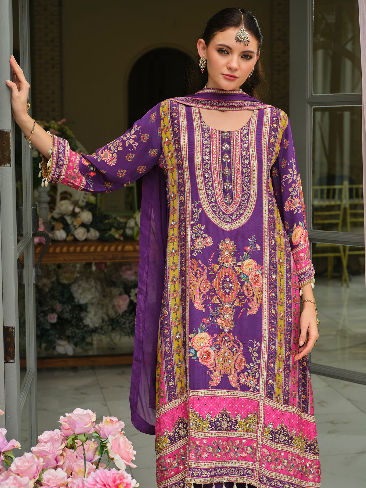 Purple Printed A-Line Kurta Palazzos With Dupatta Set