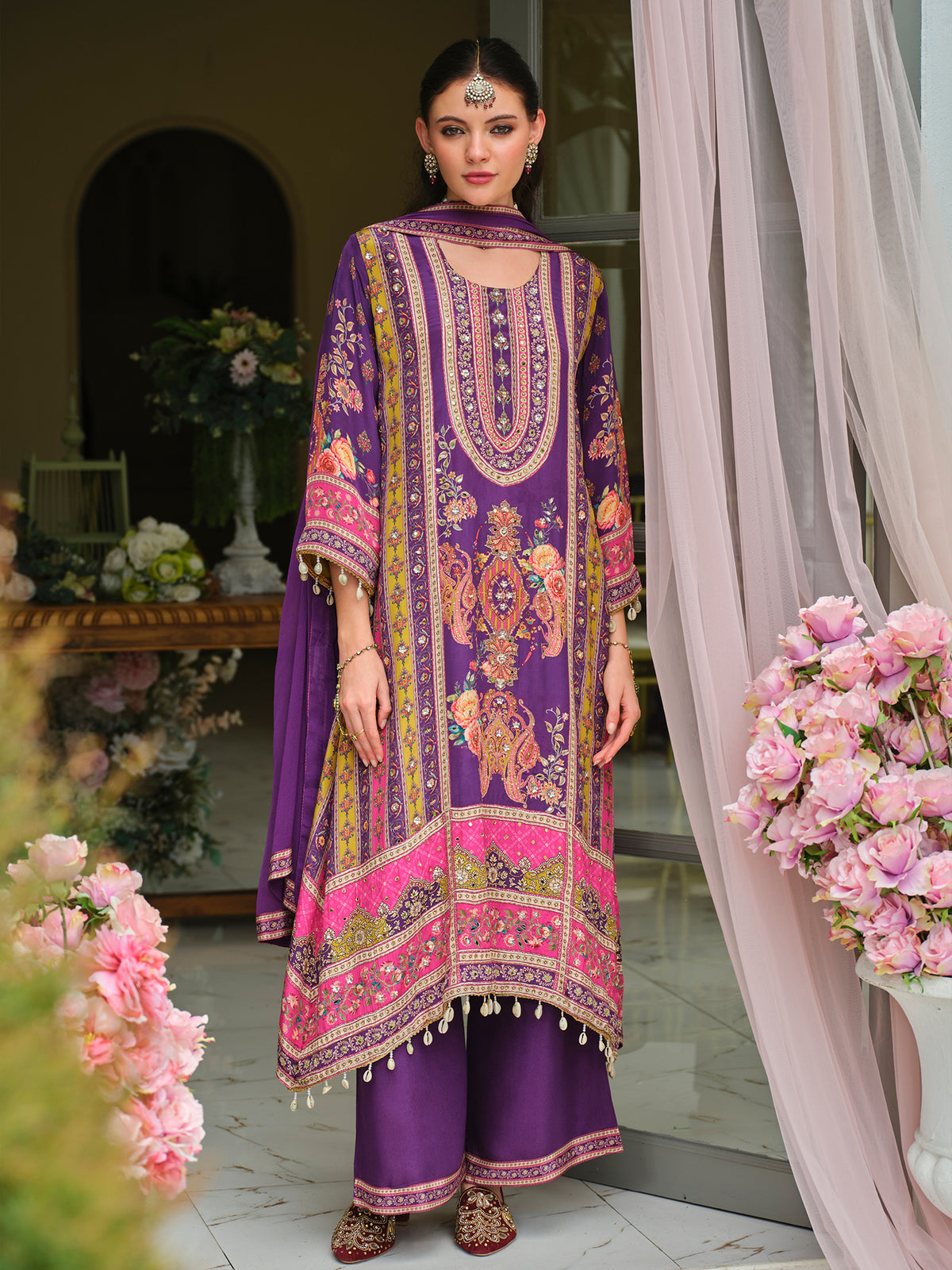 Purple Printed A-Line Kurta Palazzos With Dupatta Set