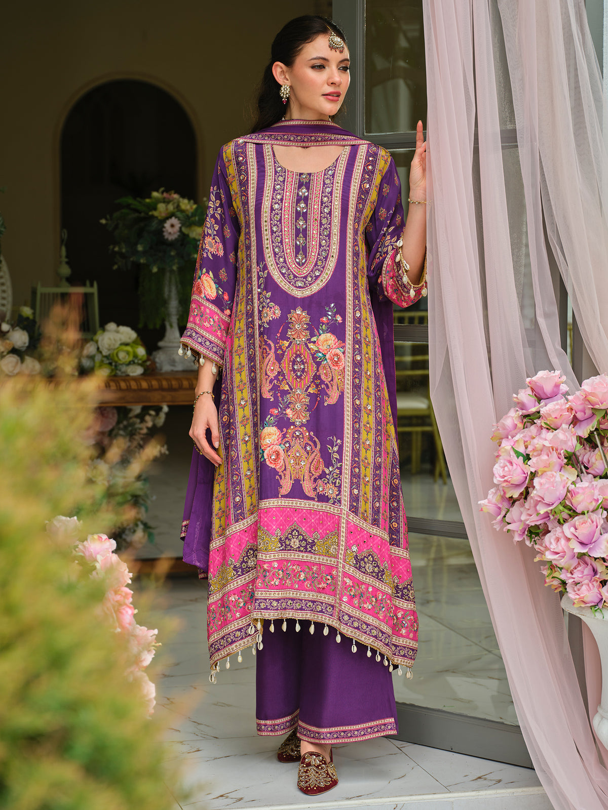 Purple Printed A-Line Kurta Palazzos With Dupatta Set