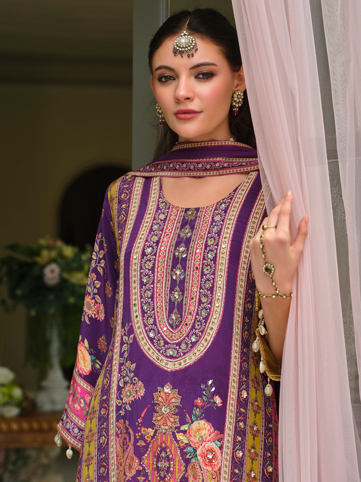 Purple Printed A-Line Kurta Palazzos With Dupatta Set