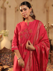 Pink Embroidered A-Line Kurta Trousers With Dupatta Set