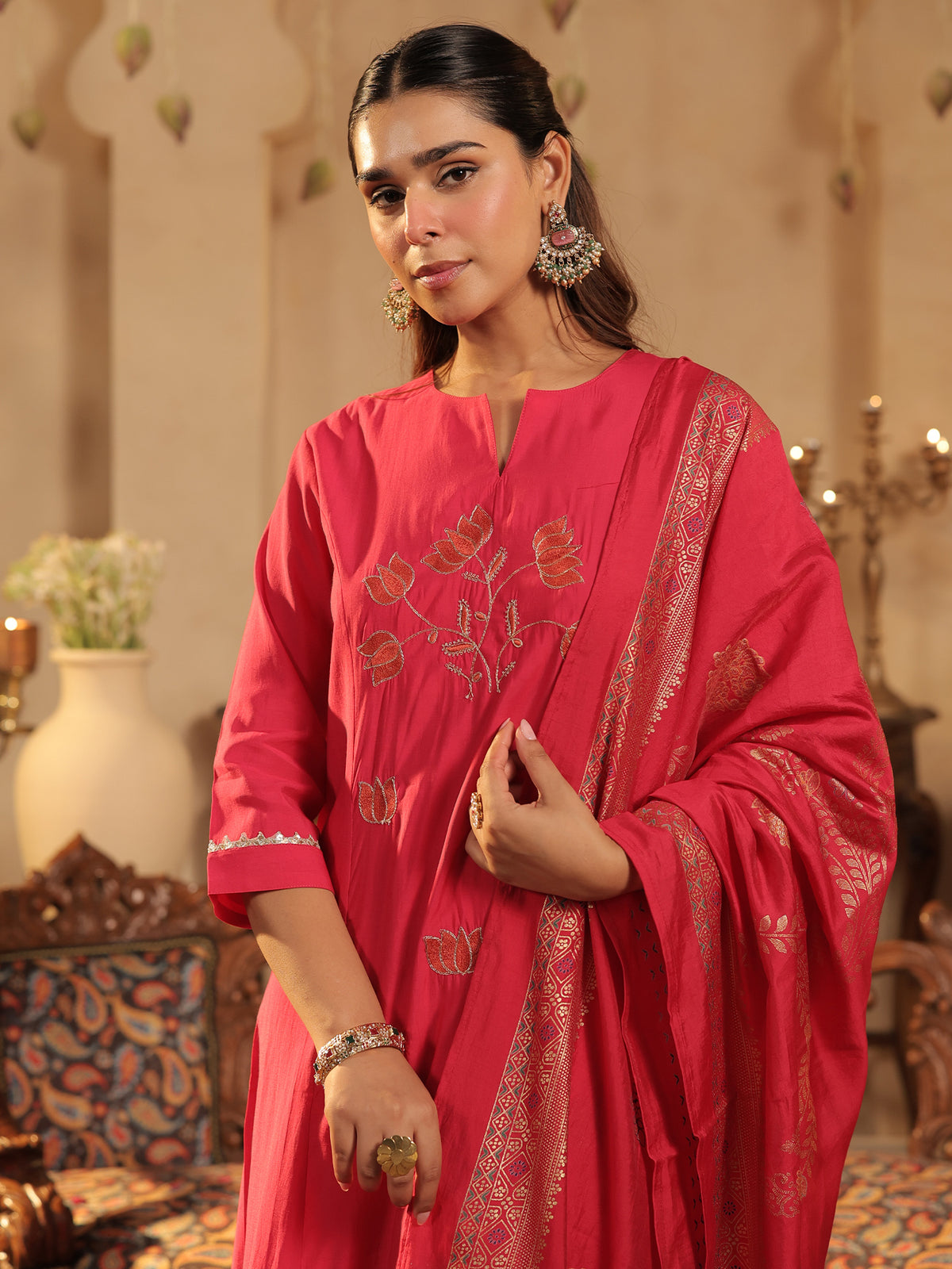 Pink Embroidered A-Line Kurta Trousers With Dupatta Set