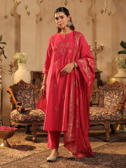 Pink Embroidered A-Line Kurta Trousers With Dupatta Set