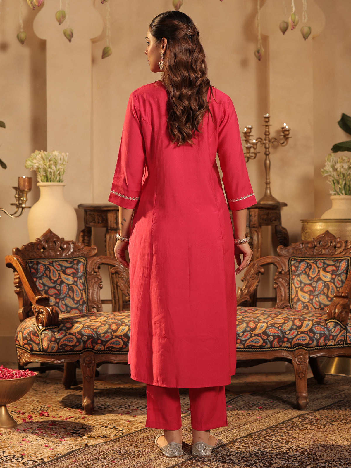 Pink Embroidered A-Line Kurta Trousers With Dupatta Set