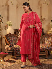 Pink Embroidered A-Line Kurta Trousers With Dupatta Set