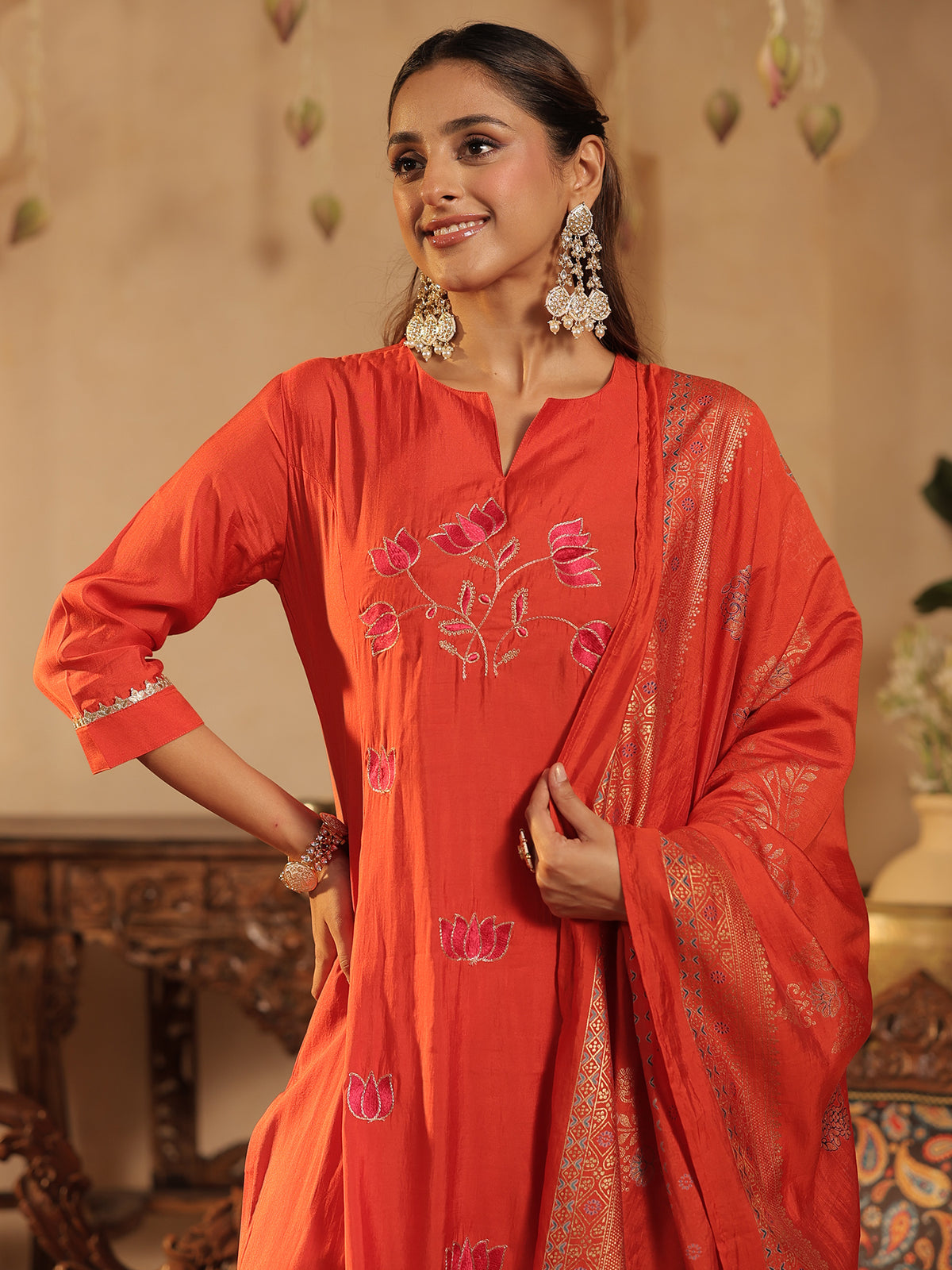 Rust Embroidered A-Line Kurta Trousers With Dupatta Set