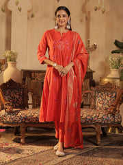 Rust Embroidered A-Line Kurta Trousers With Dupatta Set