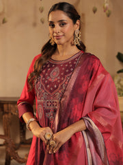 Pink Embroidered Straight Kurta Trousers With Dupatta Set