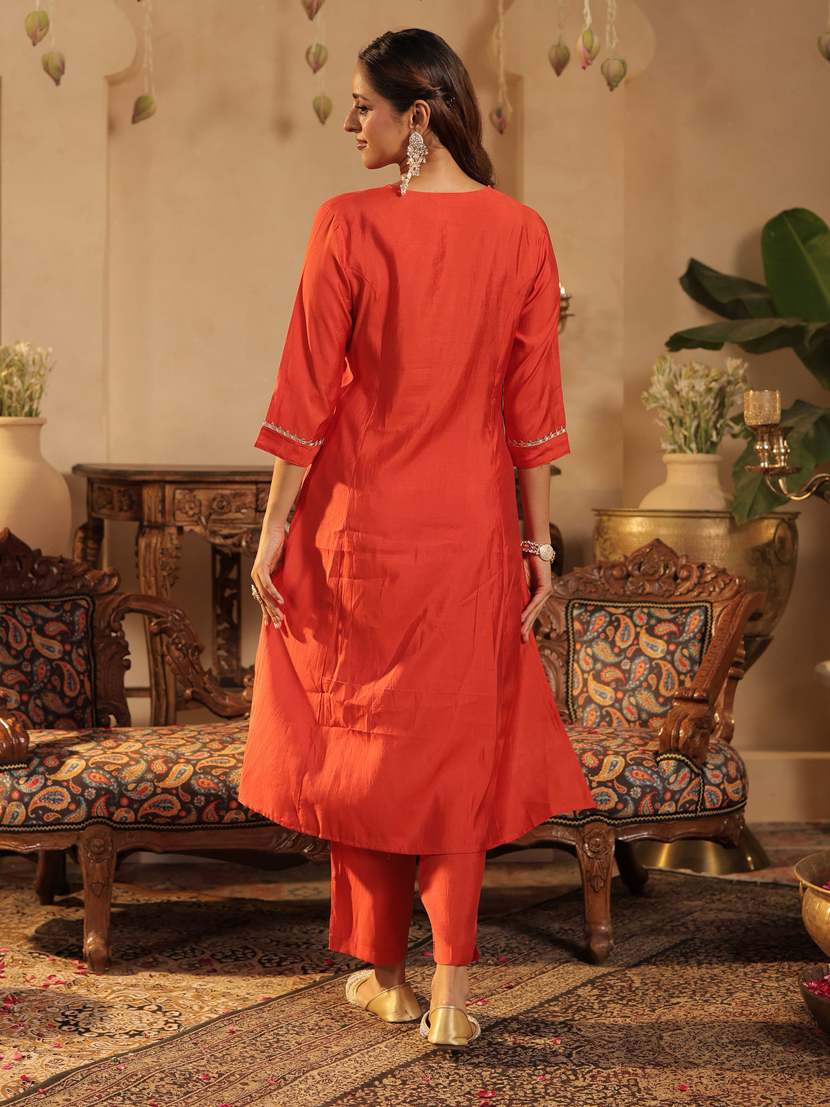 Rust Embroidered A-Line Kurta Trousers With Dupatta Set