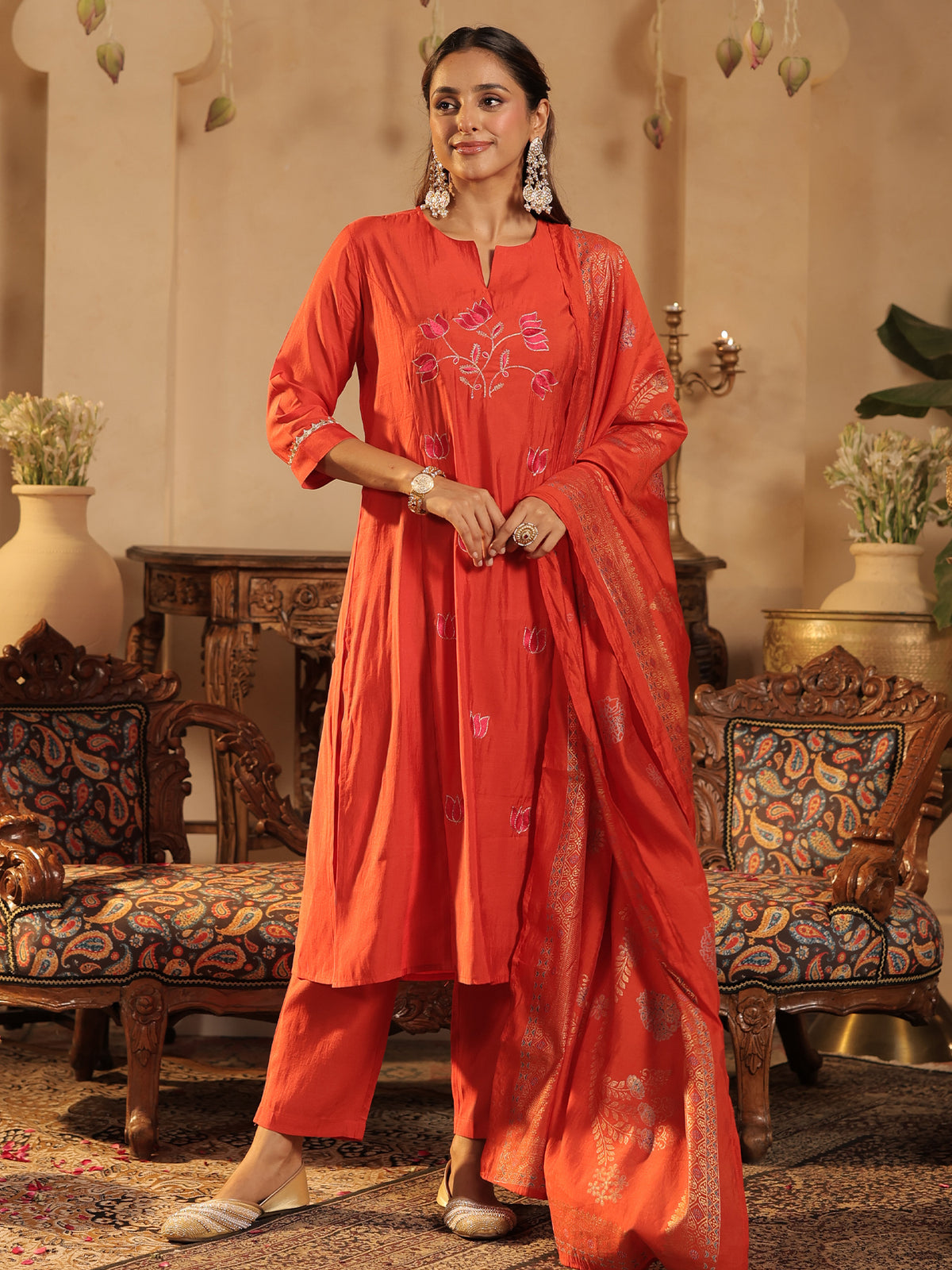 Rust Embroidered A-Line Kurta Trousers With Dupatta Set