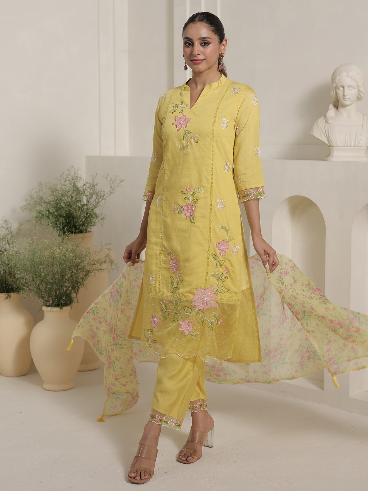 Yellow Embroidered Straight Kurta Trousers With Dupatta Set