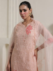 Peach Embroidered Straight Kurta Trousers With Dupatta Set