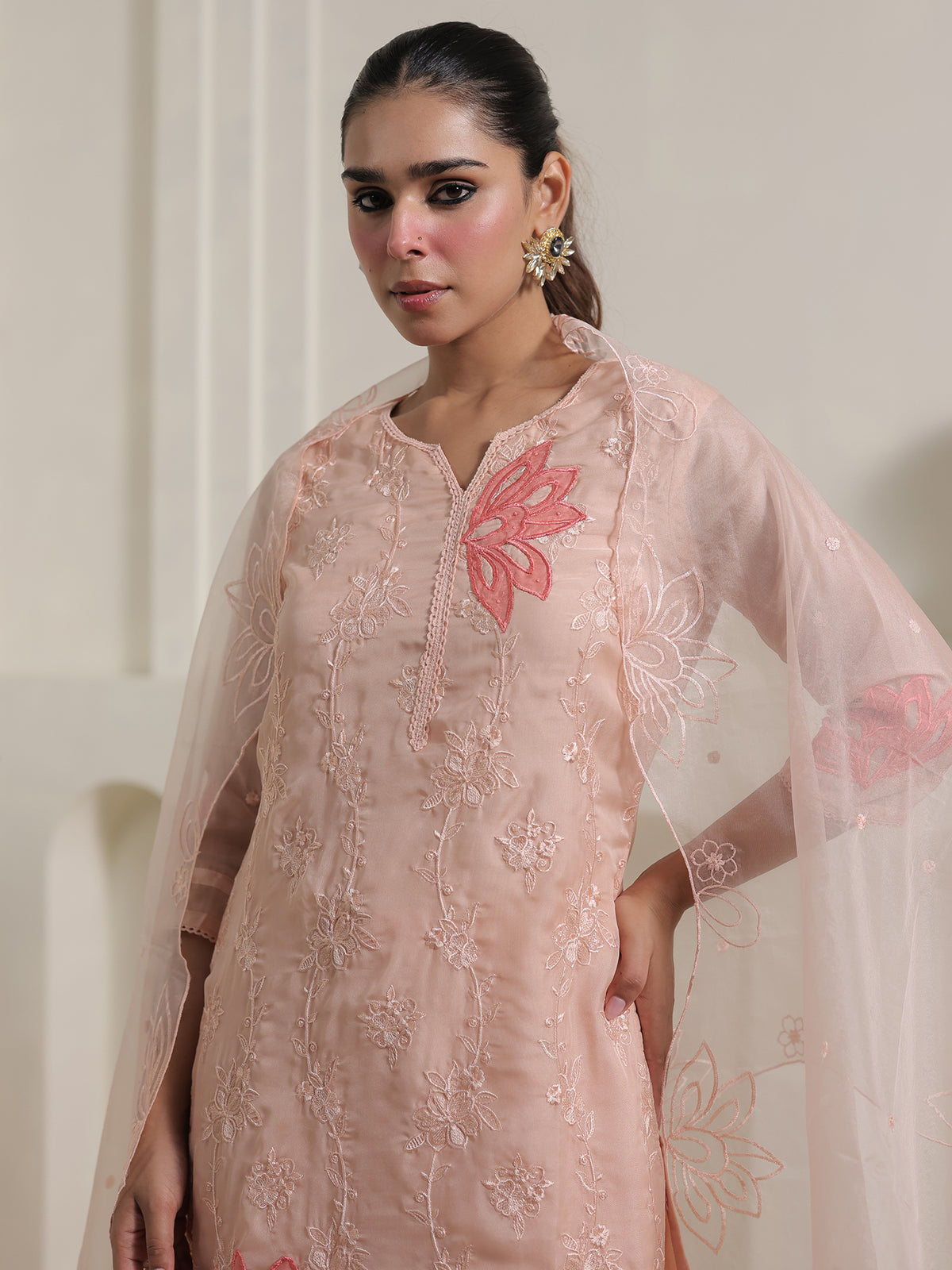 Peach Embroidered Straight Kurta Trousers With Dupatta Set