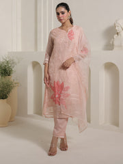 Peach Embroidered Straight Kurta Trousers With Dupatta Set