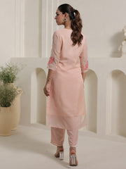 Peach Embroidered Straight Kurta Trousers With Dupatta Set