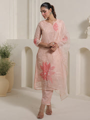Peach Embroidered Straight Kurta Trousers With Dupatta Set