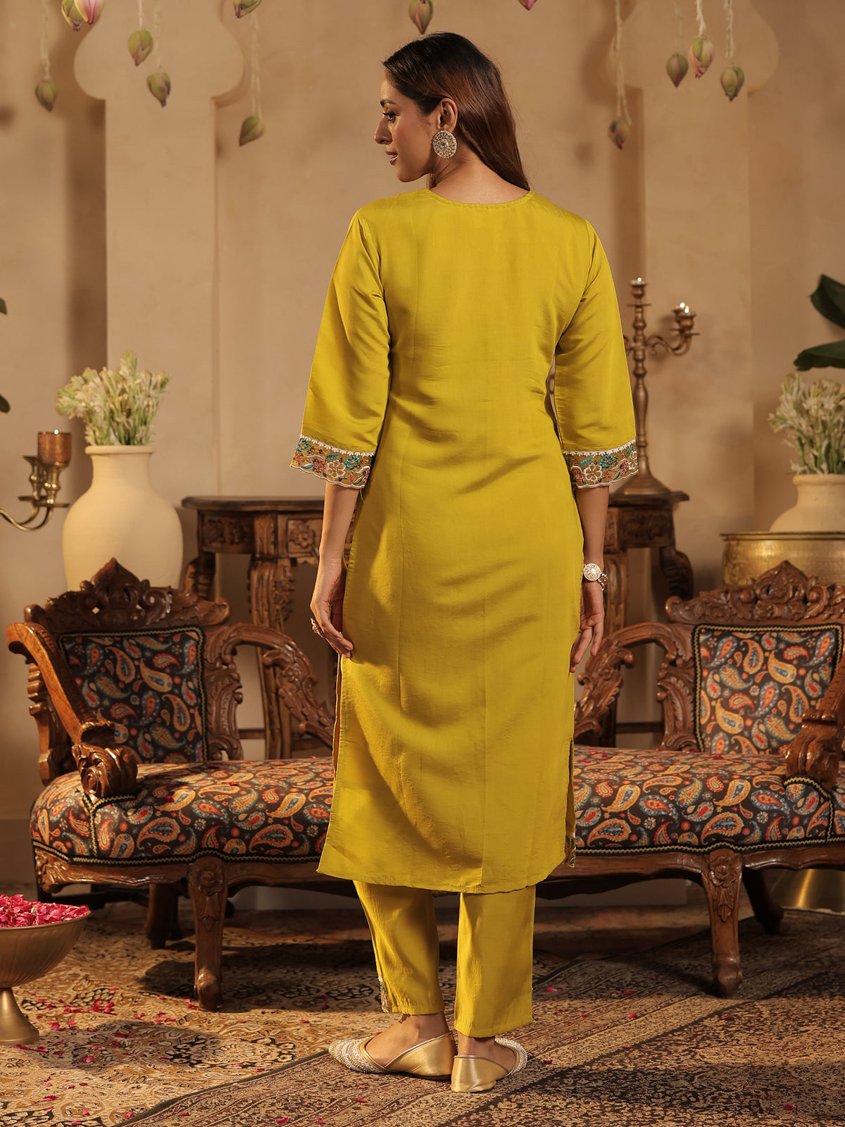 Yellow Embroidered Straight Kurta Trousers With Dupatta Set