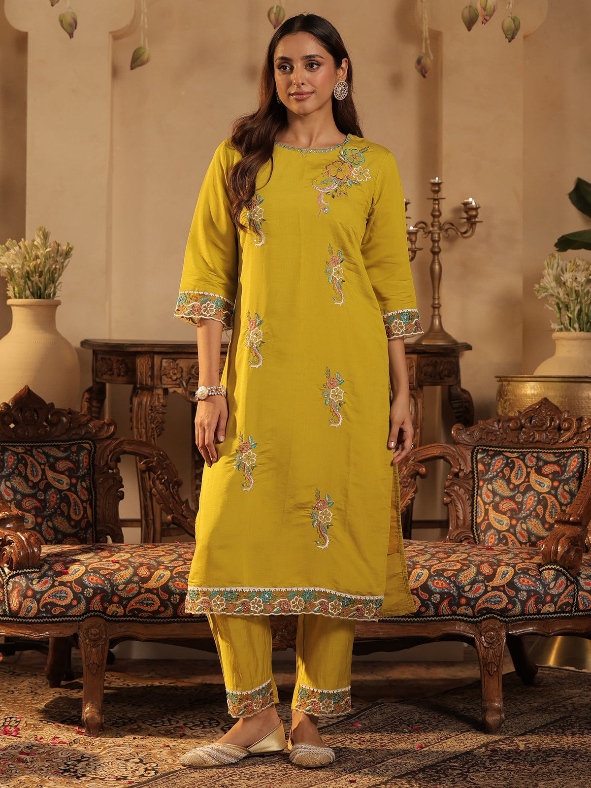 Yellow Embroidered Straight Kurta Trousers With Dupatta Set