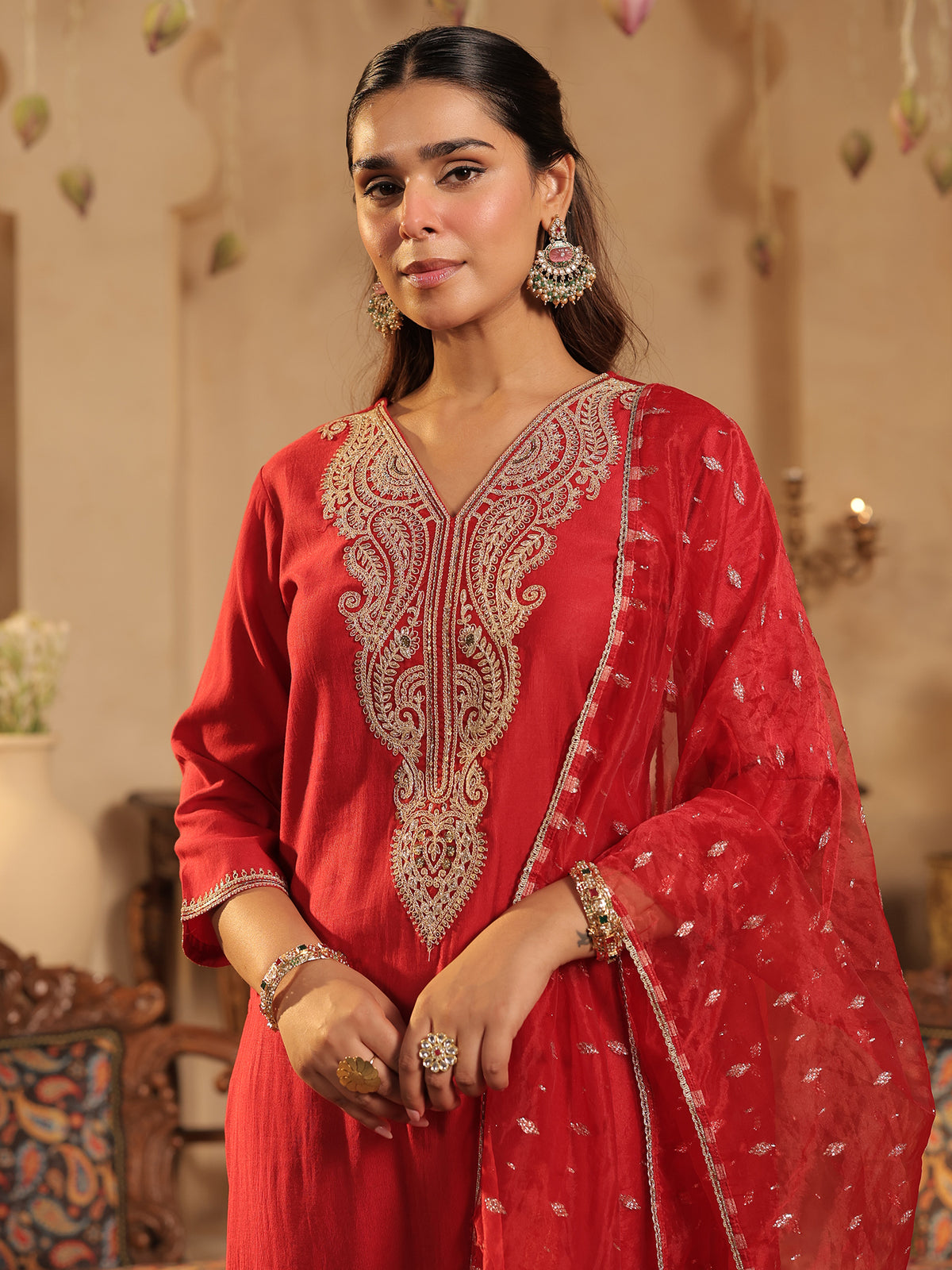 Red Embroidered Straight Kurta Trousers With Dupatta Set