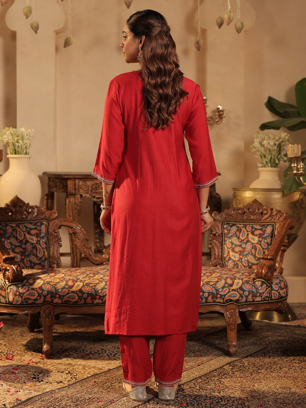 Red Embroidered Straight Kurta Trousers With Dupatta Set