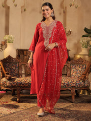 Red Embroidered Straight Kurta Trousers With Dupatta Set
