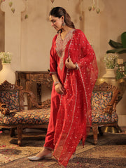 Red Embroidered Straight Kurta Trousers With Dupatta Set