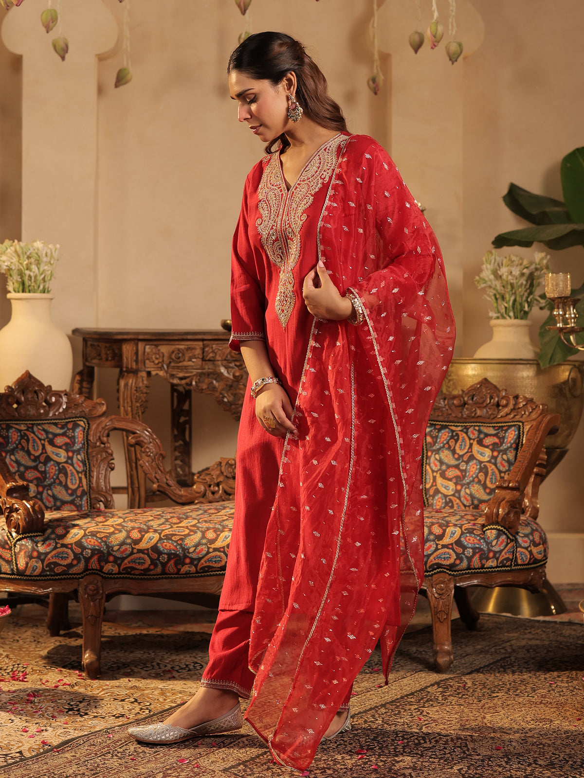 Red Embroidered Straight Kurta Trousers With Dupatta Set