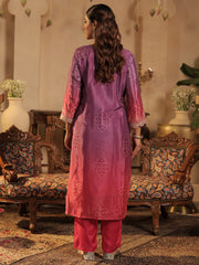 Pink Printed Straight Kurta Trousers With Dupatta Set