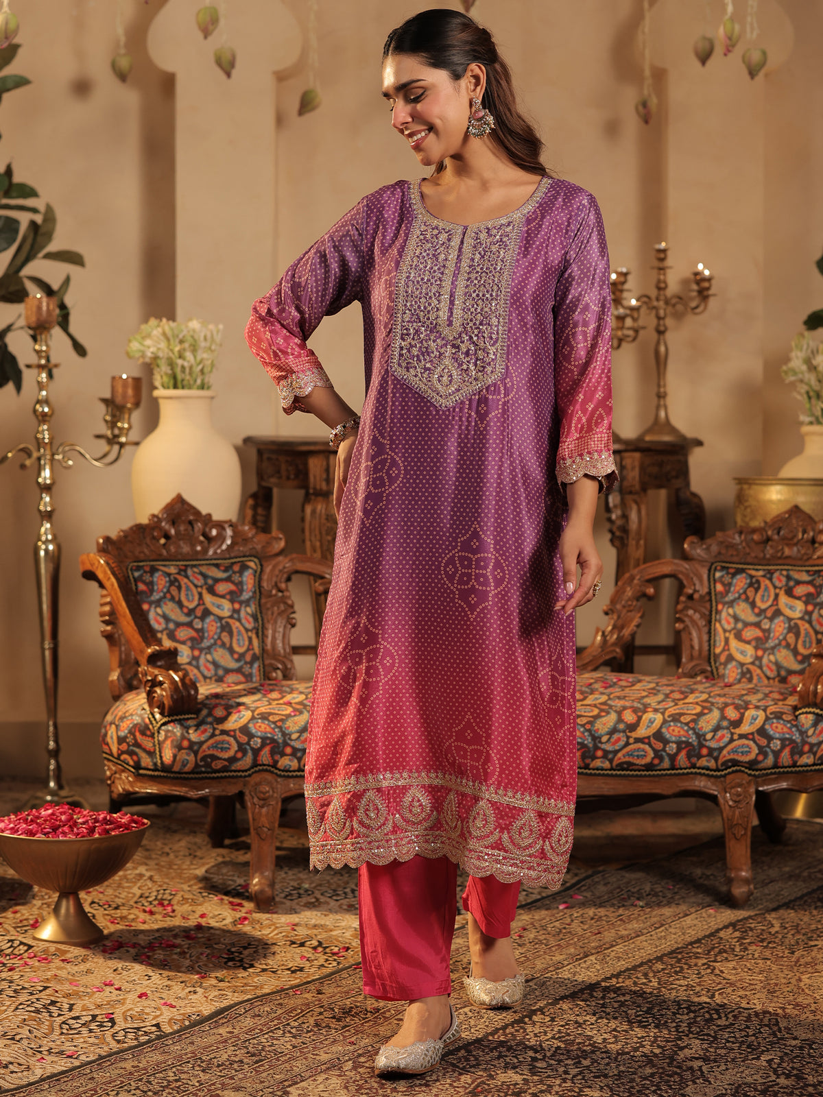 Pink Printed Straight Kurta Trousers With Dupatta Set