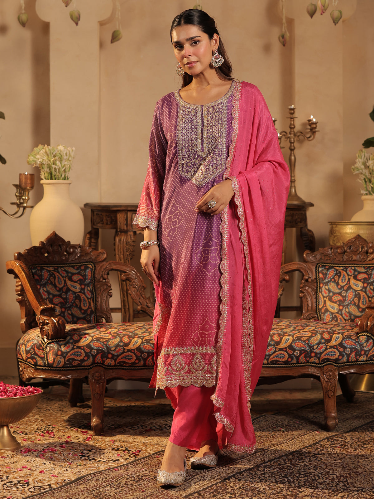Pink Printed Straight Kurta Trousers With Dupatta Set