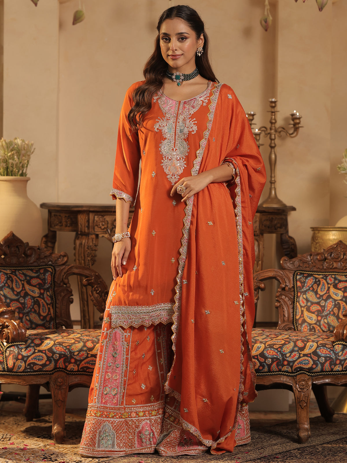 Orange Embroidered Straight Kurta Palazzos With Dupatta Set