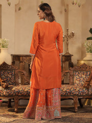 Orange Embroidered Straight Kurta Palazzos With Dupatta Set