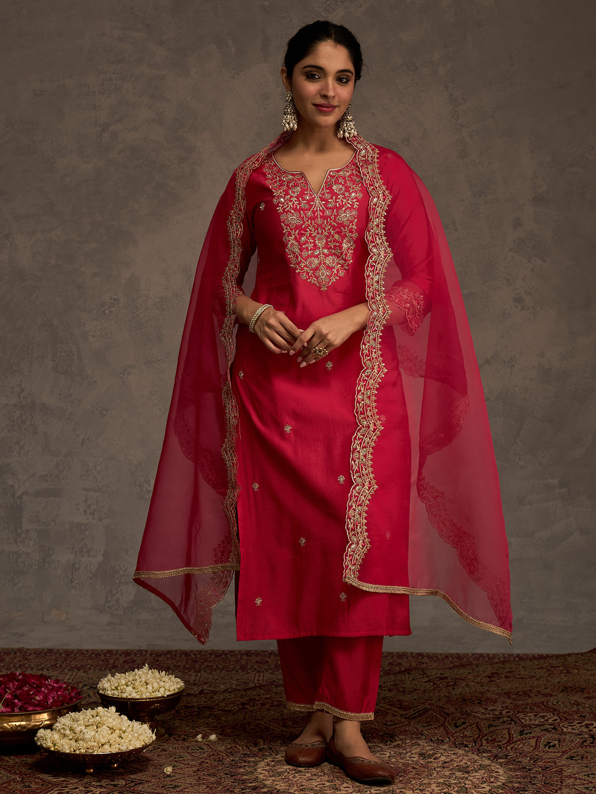 Pink Embroidered Straight Kurta Trousers With Dupatta Set