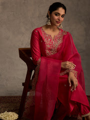 Pink Embroidered Straight Kurta Trousers With Dupatta Set