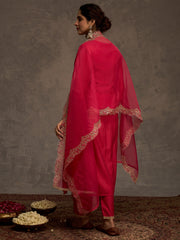 Pink Embroidered Straight Kurta Trousers With Dupatta Set