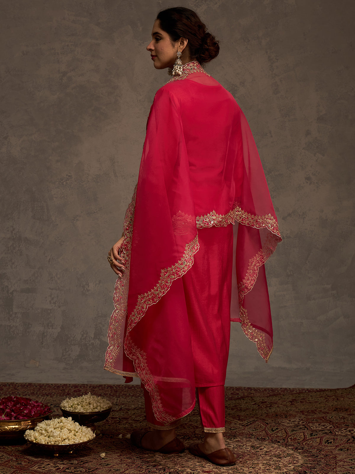 Pink Embroidered Straight Kurta Trousers With Dupatta Set