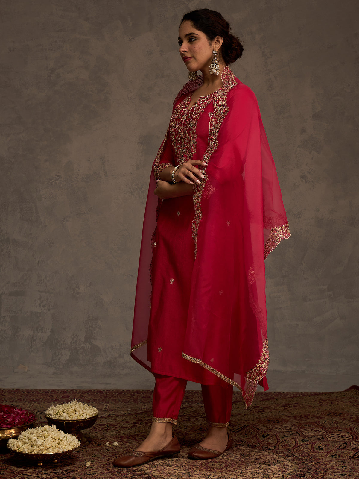 Pink Embroidered Straight Kurta Trousers With Dupatta Set