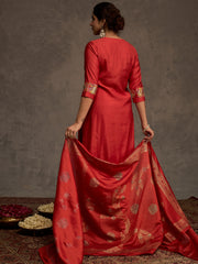Rust Embroidered Straight Kurta Trousers With Dupatta Set